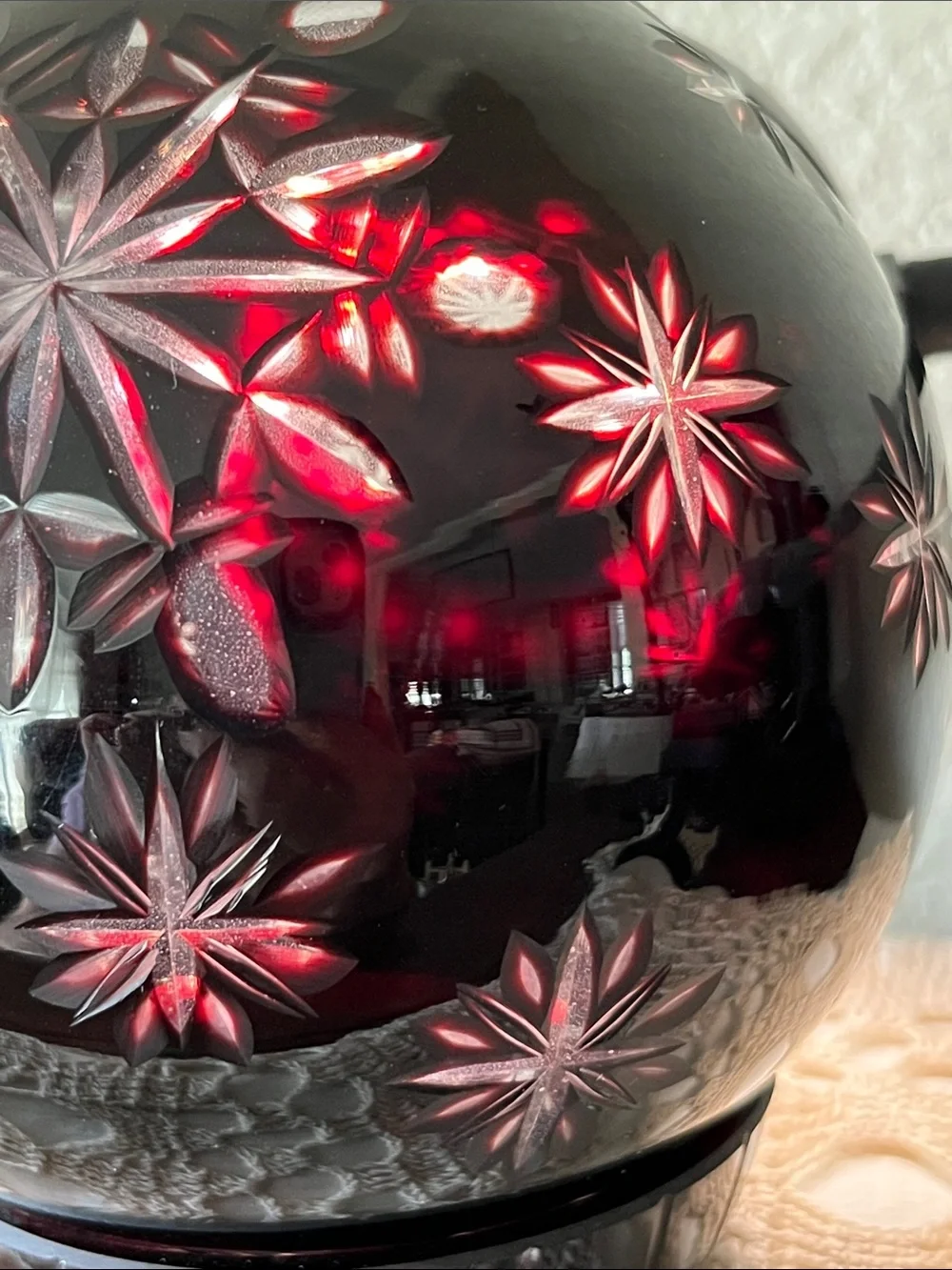Bohemian Czech Ruby Cut to Clear Crystal Covered Globe Candle Holder 5”